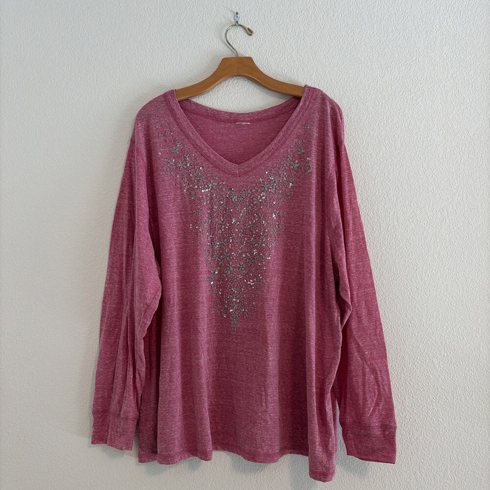 Faded Glory Silver Plus Size Embellished Women's V Neck Pink Long Sleeve Blouse